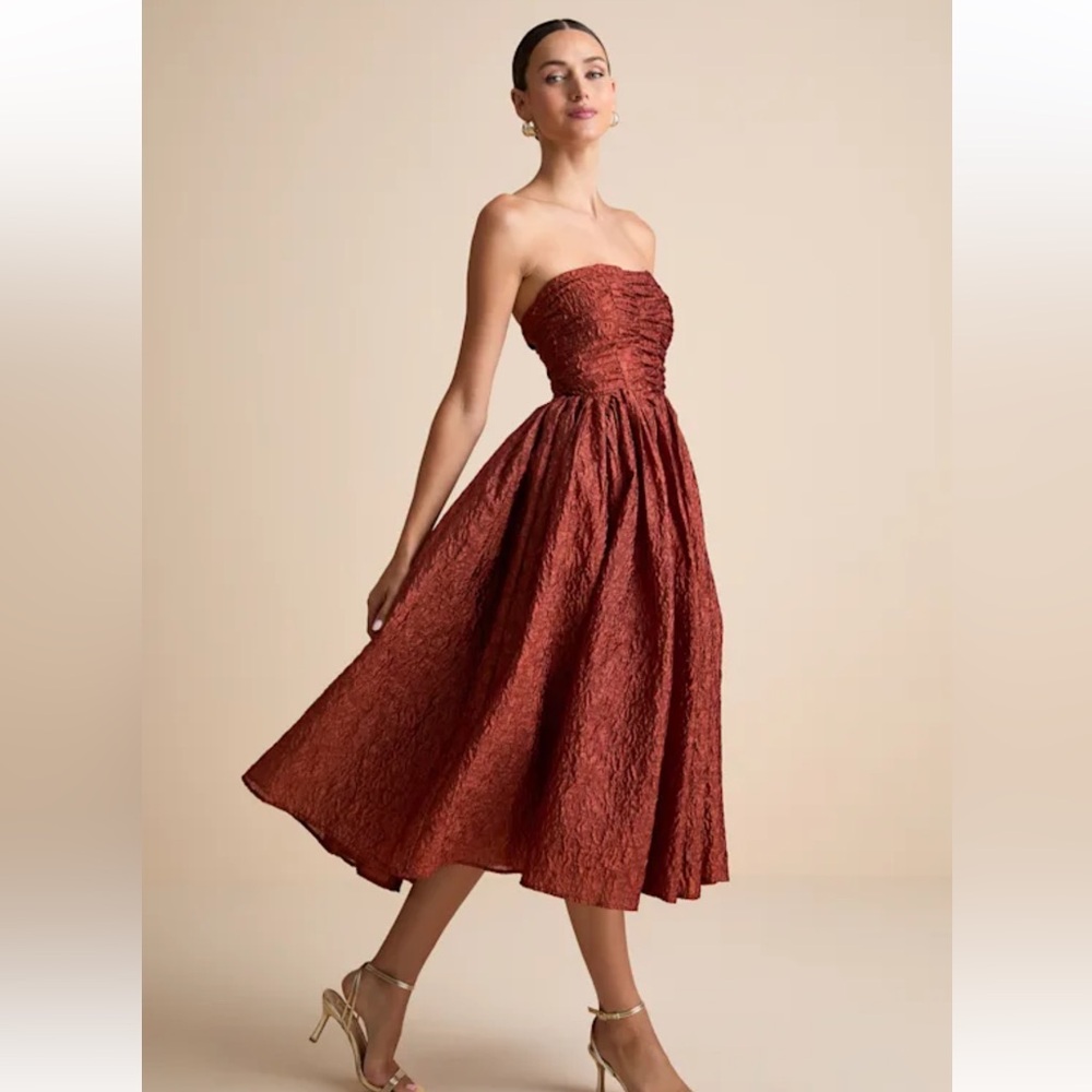 Lulus Analeia Rust Jacquard Lace-Up Strapless Midi Dress | Size L